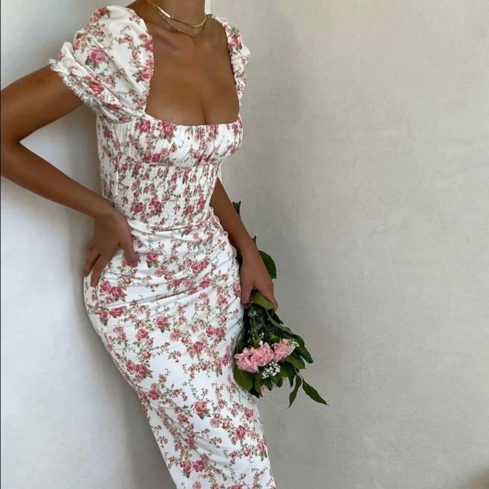 House of CB Bellucci Rose Print Shirred Midi Sundress – Size XS